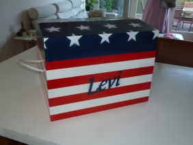 red white blue stars and stripes wooden lockable toy box personalised